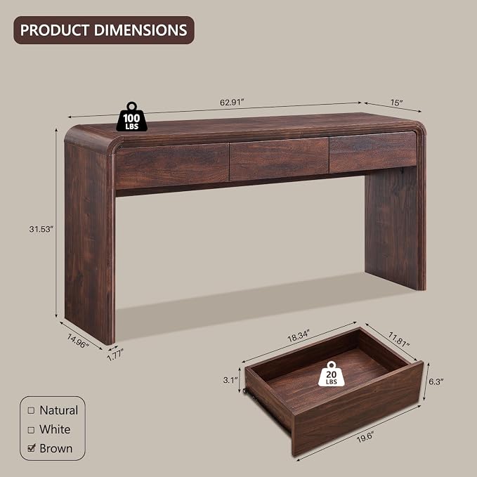 Aitjunz 63'' Console Table with 3 Drawers, Modern Entryway Table with Curved Profile Design, Narrow Long Wood Sofa Table Behind Couch Table for Living Room, Hallway, Foyer, Brown