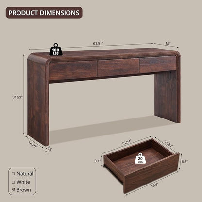 Aitjunz 63'' Console Table with 3 Drawers, Modern Entryway Table with Curved Profile Design, Narrow Long Wood Sofa Table Behind Couch Table for Living Room, Hallway, Foyer, Brown
