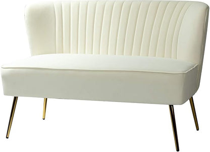 TINA'S HOME Contemporary Velvet Loveseat Sofa, Upholstered Loveseat Couch with Golden Metal Legs, Small Tufted 2-Seat Sofa Armless Love Seat for Living Room, Bedroom, Apartment Small Spaces, Ivory