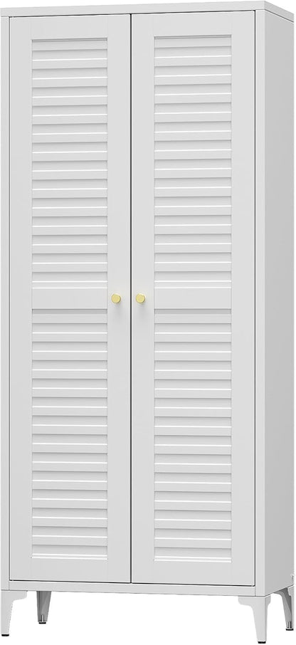 63.6" White Metal Pantry Storage Cabinet, Farmhouse Kitchen Cupboard with 3 Adjustable Shelves, Magnetic Closure, Anti-Tip Kit & Raised Legs for Kitchen, Living Room, Assembly Required