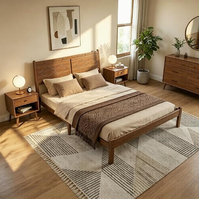 Askeld 14 inch Bamboo Queen Bed Frame with Headboard, Light Cottagecore Solid Wood Platform Bed No Box Spring Needed, Easy Assembly, Noise Free, Light Walnut Color