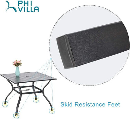 PHI VILLA 5 Pieces Outdoor Dining Set for 4, 37" Black Metal Table with Umbrella Hole & Swivel Wrought Iron Chairs with Cushions, Outside Furniture for Patio, Deck, Yard, Porch