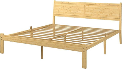 Askeld 14 inch Bamboo King Bed Frame with Headboard, Light Cottagecore Solid Wood Platform Bed No Box Spring Needed, Easy Assembly, Noise Free
