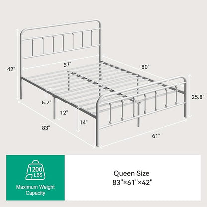 Novilla Metal Bed Frame Queen Size - Modern Minimalist Victorian Style with Headboard/Footboard, Heavy-Duty Steel Slats/Underbed Storage/No Box Spring Needed/Easy Assembly/Noise Free/White