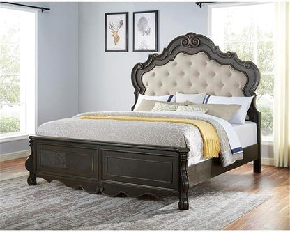 BOWERY HILL 6-Piece Queen Panel Wood Bedroom Set, Multi-Step Molasses Finish, Hardwood Solids and Veneers, Button-Tufted Headboard, Antique-Style Drawer Pulls, Traditional Design Furniture Set for