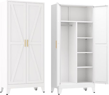 Metal armoire Wardrobe Closet with Hanging Rod,71'' Metal Wardrobe Cabinet with 2 Doors and 4 Adjustable Shelves, Bedroom armoires,Laundry Room cabinets,armario de ropa Closet(Modern, White)