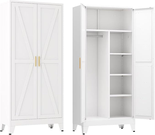 Metal armoire Wardrobe Closet with Hanging Rod,71'' Metal Wardrobe Cabinet with 2 Doors and 4 Adjustable Shelves, Bedroom armoires,Laundry Room cabinets,armario de ropa Closet(Modern, White)