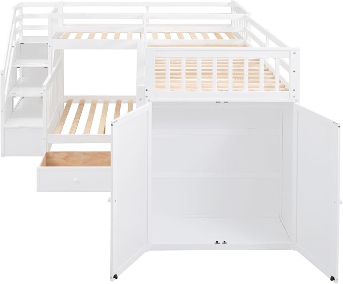L-Shaped Bunk Bed for 4 Kids, Twin-Twin Over Full with 3 Drawers, Portable Desk and Wardrobe, Solid Wood Bedframe with Stairs and Full-Length Guardrails, No Box Spring Needed (White)