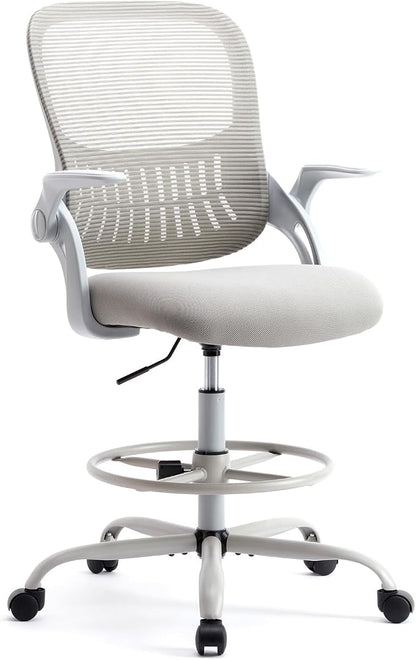 Sweetcrispy Tall Drafting Office Desk Chair - Ergonomic High Stool Computer Chair with Adjustable Height and Comfy Lumbar Support, Rolling Counter Height with Flip-up Arm and Footrest, Grey