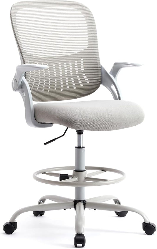 Sweetcrispy Tall Drafting Office Desk Chair - Ergonomic High Stool Computer Chair with Adjustable Height and Comfy Lumbar Support, Rolling Counter Height with Flip-up Arm and Footrest, Grey