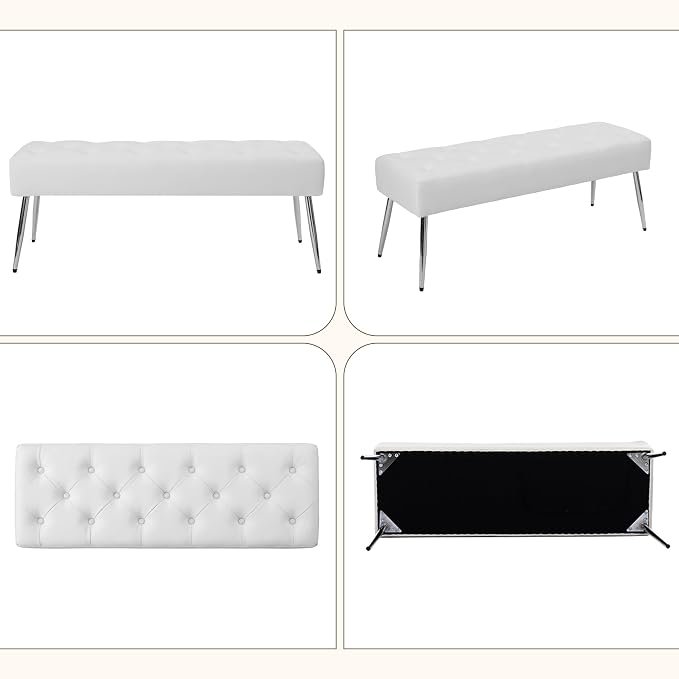 DUHOME Button-Tufted Ottoman Bench, Upholstered Footrest Stool Rectangular Dining Bench Leather Accent Bench for Entryway Dining Room Living Room Bedroom, White