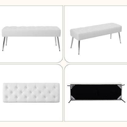 DUHOME Button-Tufted Ottoman Bench, Upholstered Footrest Stool Rectangular Dining Bench Leather Accent Bench for Entryway Dining Room Living Room Bedroom, White