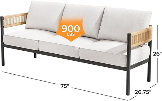 Gand Patio Outdoor 3-Seat Couch Sofa, Wicker Conversation Set with Thick Cushion for Porch, Garden, Yard, Natural