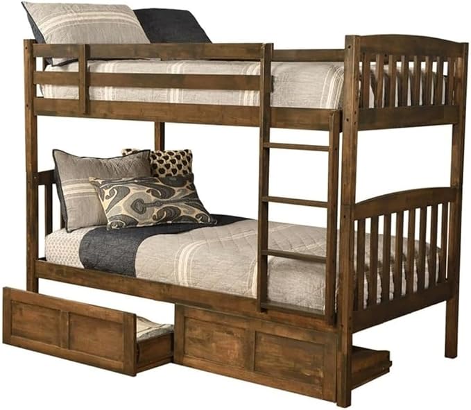 Kodiak Furniture Claire Wood Twin Over Twin Bunk Bed with Storage Drawers in Rustic Walnut Brown Finish - Mattresses Not Included