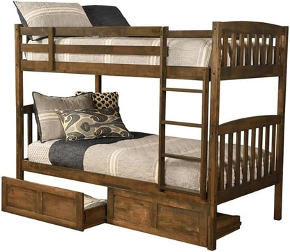 Kodiak Furniture Claire Wood Twin Over Twin Bunk Bed with Storage Drawers in Rustic Walnut Brown Finish - Mattresses Not Included