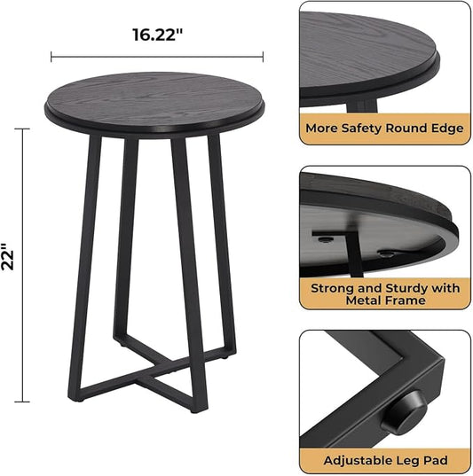 Dorriss Round End Table, Small Side Table Black Color MDF Top, Metal Frame Black, Tall End Side Table for Bed Room, Coffee Tea End Table for Living Room(Round Black)