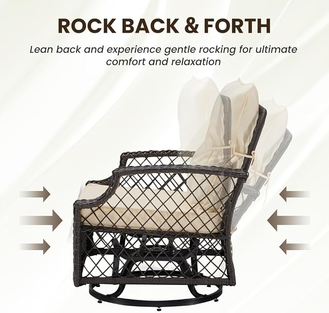 3-Piece Patio Furniture Set, Wicker Outdoor Bistro Set Swivel Glider Patio Chairs x 2 with Cushions, High Back All-Weather Rattan Outdoor Furniture for Porch, Backyard (Beige + Wicker)