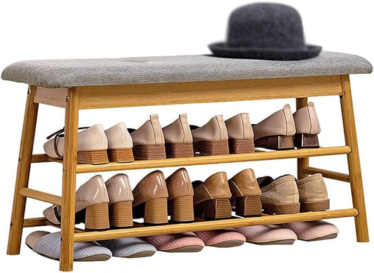 Shoe Rack Storage Bench, Bamboo Shoe Shelf with Cushioned Seat and Organizer Compartment, Upholstered Bench for Closet, Entryway, Hallway, Bedroom,90cm
