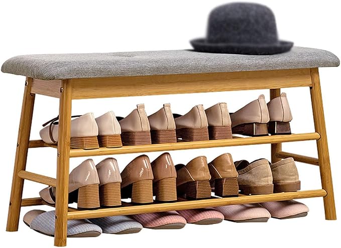 Shoe Rack Storage Bench, Bamboo Shoe Shelf with Cushioned Seat and Organizer Compartment, Upholstered Bench for Closet, Entryway, Hallway, Bedroom,70cm