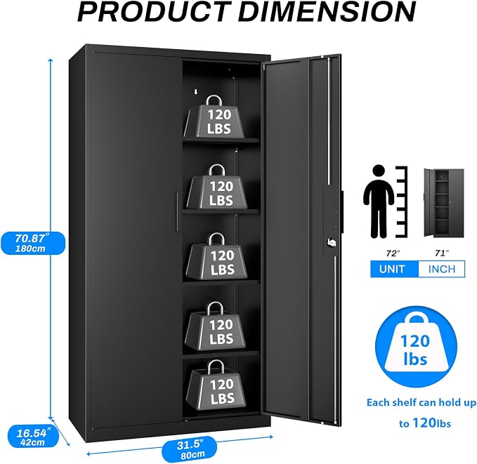 Metal Garage Storage Cabinet with Lock, 71" Tall Steel Storage Locker with 4 Adjustable Shelves, Heavy Duty Metal Cabinet for Garage, Office, Home, 31.5”W × 16.5”D, Black