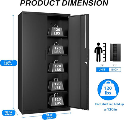 Metal Garage Storage Cabinet with Lock, 71" Tall Steel Storage Locker with 4 Adjustable Shelves, Heavy Duty Metal Cabinet for Garage, Office, Home, 31.5”W × 16.5”D, Black
