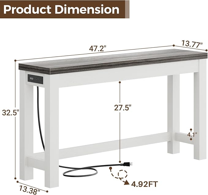 Cyclysio 47" Console Table with Charging Station, 13.8" Deep Farmhouse Sofa Table Behind Couch with 2 AC Outlets & 3 USB Ports, Entryway TV Console or Compact Home Office Desk, Oak Grey