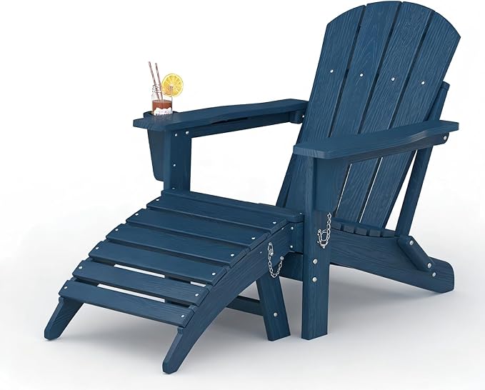 Garvee Folding Adirondack Chair with Ottoman, HDPE Outdoor Patio Chair with Cup Holder, All Weather Resistent Wooden Textured for patios, Decks, Gardens, fire Pit, Navy Blue