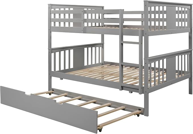 Merax Full Over Full Bunk Bed with Trundle, Convertible to Two Separate Beds, Solid Pine Wood Frame with Safety Guardrail & Headboard/Footboard, Sturdy Durable Design, No Box Spring Needed, Grey