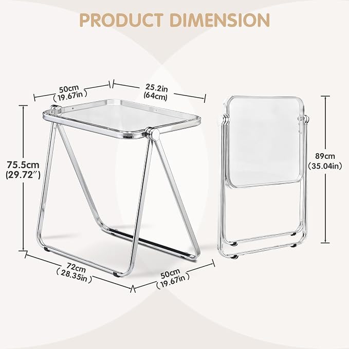 Acrylic Folding Table - Modern TV Tray Dinner Table for Eating on Couch - Small Folding Table Foldable Computer Desks Space-Saving with Chrome Frame No Assembly Required -Clear