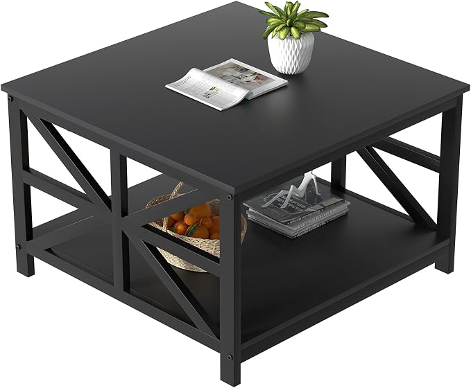 GreenForest Modern Living Room Coffee Table with 2 Tier Storage | X Metal Frame Square Center Table with Seamless One-Piece Tabletop,27.55 inch Sofa Table,Scratch-resistant,Black