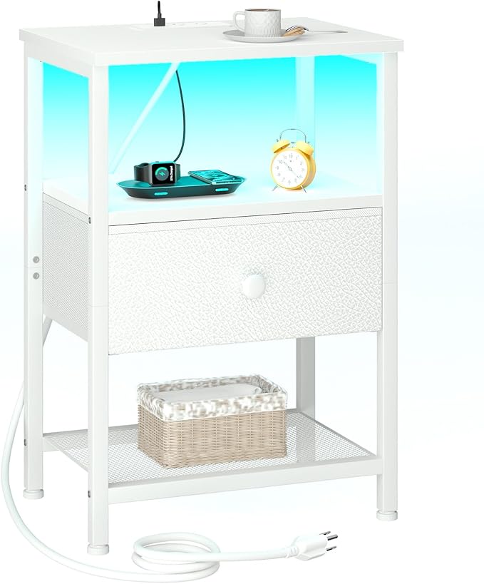 LOAKEKEL LED Night Stand with Charging Station, Small Bedside Table with USB Ports & Outlets, Fabric Storage Drawer with PU Finish for Bedroom, White, HETS01WT-1