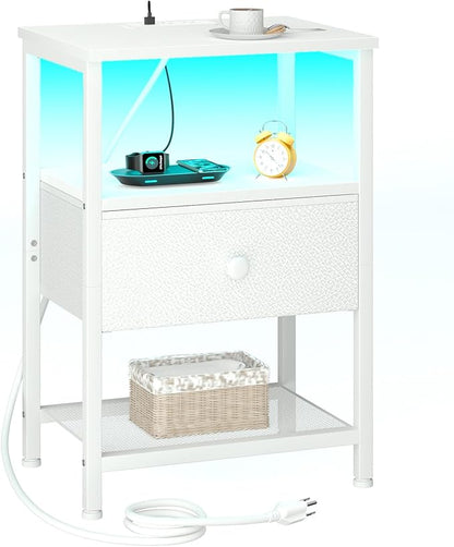 LOAKEKEL LED Night Stand with Charging Station, Small Bedside Table with USB Ports & Outlets, Fabric Storage Drawer with PU Finish for Bedroom, White, HETS01WT-1