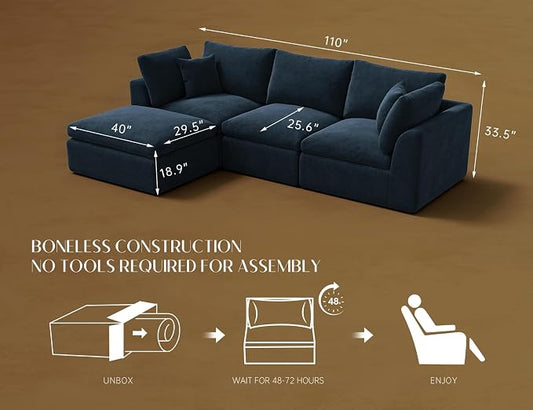 ohllob 110" Cloud Sectional Couches for Living Room, Boneless L-Shaped Couch with Ottoman, Modular Sectional Sofa, Dark Blue
