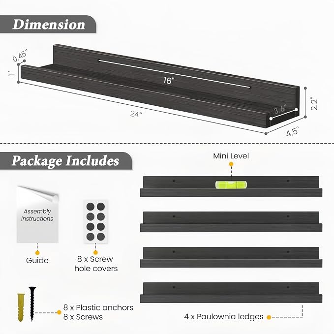 Forbena 24 Inch Floating Picture Ledge Shelf Set of 4 | Solid Wood | Size: W 24" x D 4.5" x H 2.2" | Living Room | Bedroom | Office
