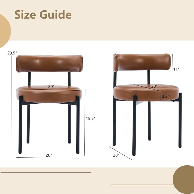 Faux Leather Dining Chairs Set of 4, Upholstered Kitchen and Dining Room Chairs, Mid-Century Modern Dining Chairs with Round Back and Black Metal Legs, Vegan Leather, Brown