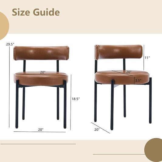 Faux Leather Dining Chairs Set of 4, Upholstered Kitchen and Dining Room Chairs, Mid-Century Modern Dining Chairs with Round Back and Black Metal Legs, Vegan Leather, Brown
