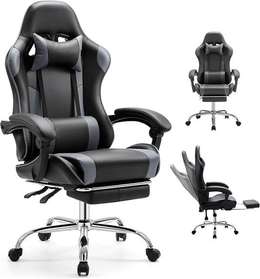 DUMOS Ergonomic Gaming Office Desk Chair with Footrest and Headrest for Adults, PU Leather Video Computer Chair with Linkage Armrests, Height Adjustable 360° Swivel Recling, Black Grey
