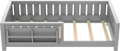 Bellemave Twin Size Floor Bed with high Rails and with Built-in Bookshelf for Kids, Girls, Boys, Wood Montessori Floor Bed Without Door, Gray
