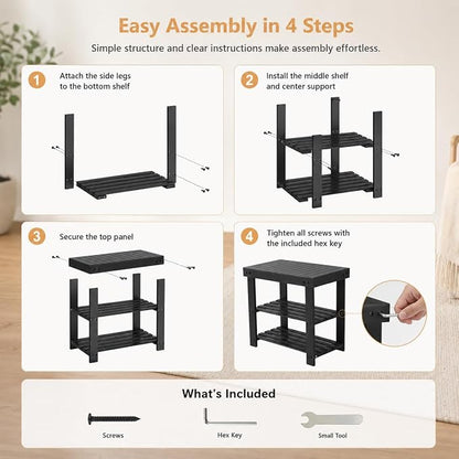 Shoe Rack Bench, 3-Tier Shoe Storage Organizer for Entryway , Shoe Shelf for Small Spaces, Multi-Functional Side Table Plant Stand, Shoe Stand for Bedroom, Living Room, Closet, Front Door, Black