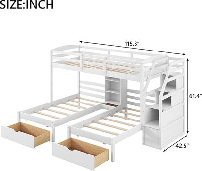 VilroCaz Twin Size Triple Bunk Bed with Drawers and Staircase, Solid Wood Bunk Bed Frame with Safety Full-Length Guardrail and Built-in Shelves, 3 Beds in 1 for Kids Teens Adults