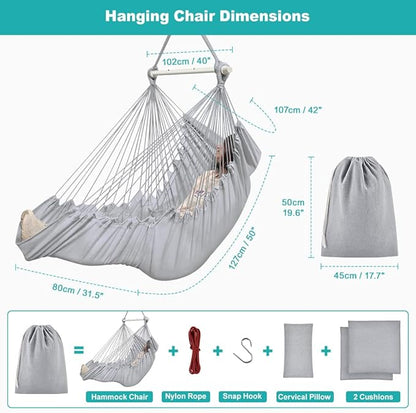 Outerman Hammock Chair, Hanging Chair with 3 Cushions and Foot Rest Support, Durable Metal Spreader Bar Max 440 Lbs, Swing Chair for Bedroom, Indoor & Outdoor, Patio, Porch or Tree（Gray）
