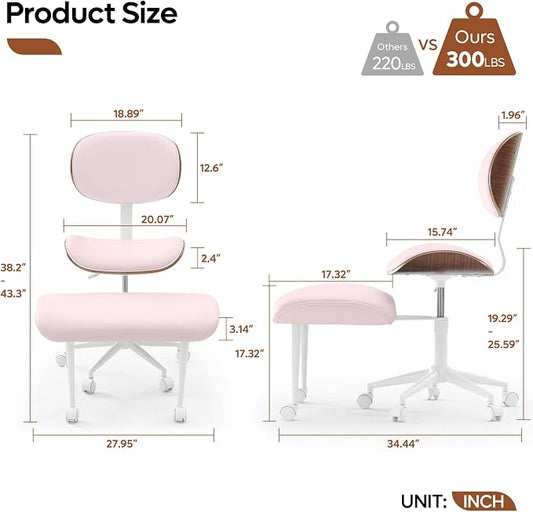 Bestier Ergonomic Cross Legged Office Chair for Women, Meditation Chair with Wider Back Support for Adults, 360° Swivel Office Chair with Wheels, Adjustable Height for ADHD Girl Pink PU Leather