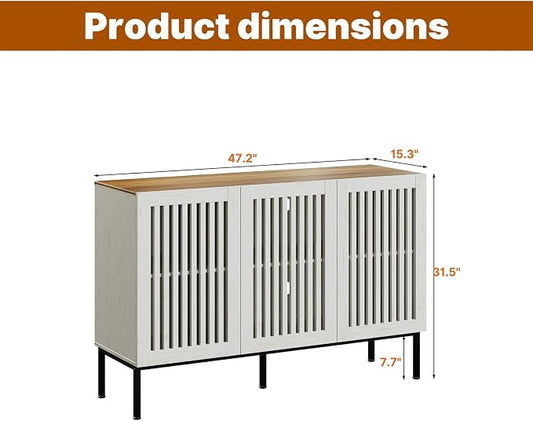 BVIUNTWO 47" Farmhouse Buffet Cabinet with Metal Base, Adjustable Shelves & 3 Doors, Antique White Storage Sideboard for Kitchen, Dining & Living Room