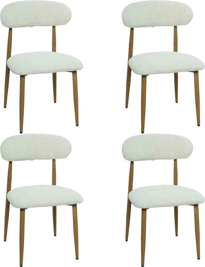 FREKEN Modern Upholstered Dining Chairs Set of 4, Mid-Century Metal Frame with Wood Grain, Linen Fabric Side Chair for Kitchen Dining Room, 350lbs Capacity, Beige