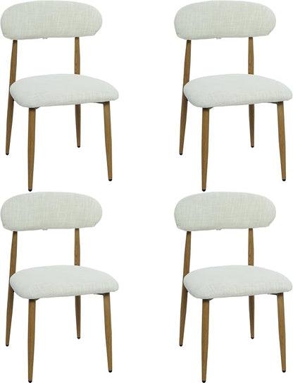 FREKEN Modern Upholstered Dining Chairs Set of 4, Mid-Century Metal Frame with Wood Grain, Linen Fabric Side Chair for Kitchen Dining Room, 350lbs Capacity, Beige