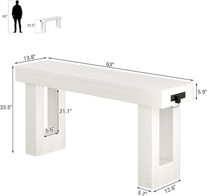 Unikito 63'' Farmhouse Console Table with Power Outlets and Sensor Light, Wooden Entryway Table with Storage, Rectangular Sofa Tables Behind The Couch for Entrance, Hallway, Living Room, Antique White