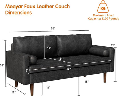 70" Mid-Century Modern Sofa Couch – Faux Leather Loveseat Sofa with Deep Seat & Solid Wood Frame – Includes 2 Accent Pillows – Black Living Room Bedroom Office (Black, 70 inches)