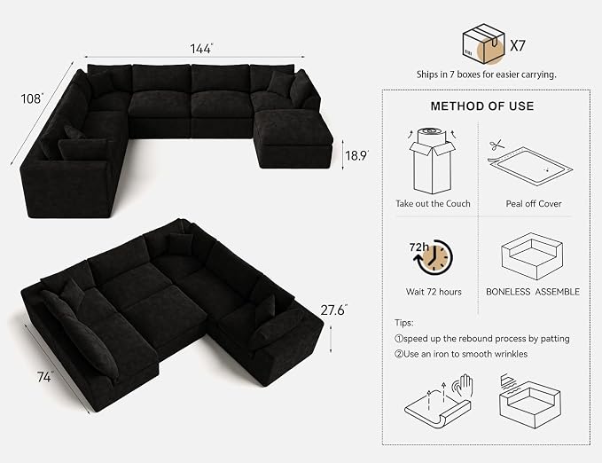 Cloud Sectional Couches for Living Room | 7 Seater U-Shaped Boneless Couch with Ottoman | Black Modular Sectionals Sofa Couch
