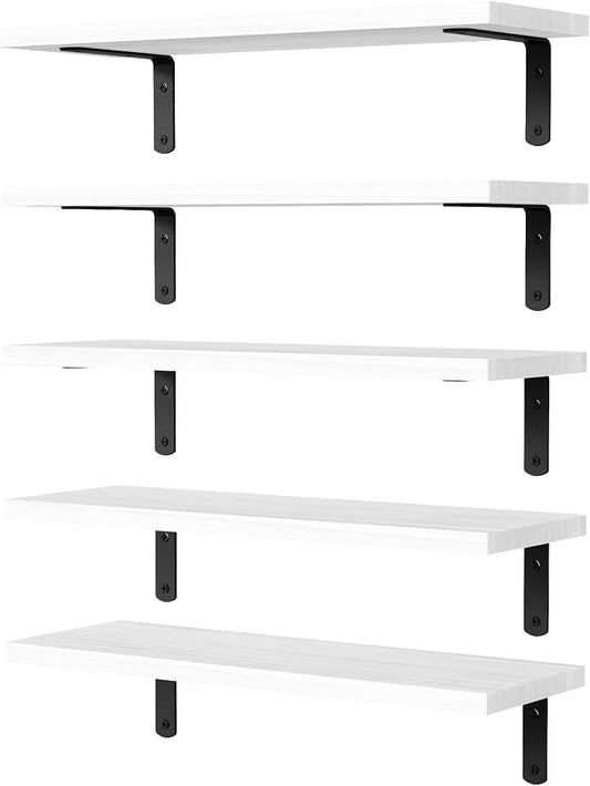 DOLLFIO Floating Shelves, 5 Sets Wall Shelves, Wooden Floating Shelves for Bedroom Wall Décor, Wall Mounted Floating Bathroom Shelf for Storage, Floating Book Shelf, Living Room – White