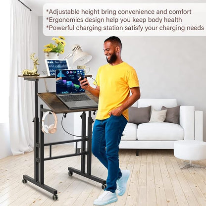 Hadulcet Mobile Standing Desk with Wheels, Rolling Desk Adjustable Height, Portable Laptop Table with Charging Station, Sit Stand up for Home Office, Study, Classroom, Rustic Brown
